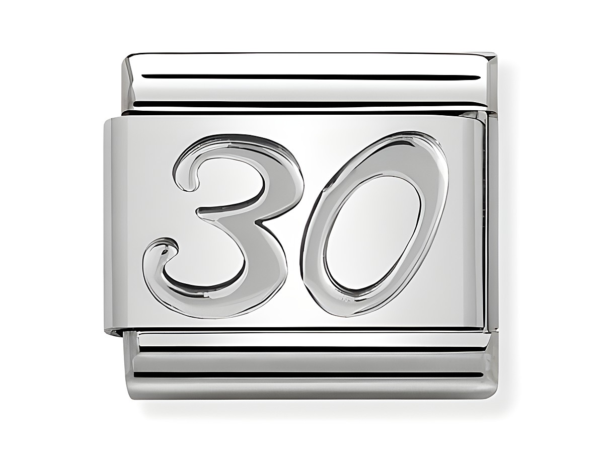 Oxidiertes Symbol mit der Zahl 30 aus Silber, hergestellt von Nomination SilverShine Classic. Der Artikel zeigt eine glatte, glänzende Oberfläche mit klarer Zahlenprägung.