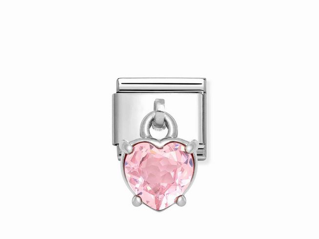 Zirkonia Charm in Herzform in Rosa mit einer klaren Fassung aus Sterling Silber und Edelstahl, elegant und funkelnd, perfektes Accessoire von Nomination.