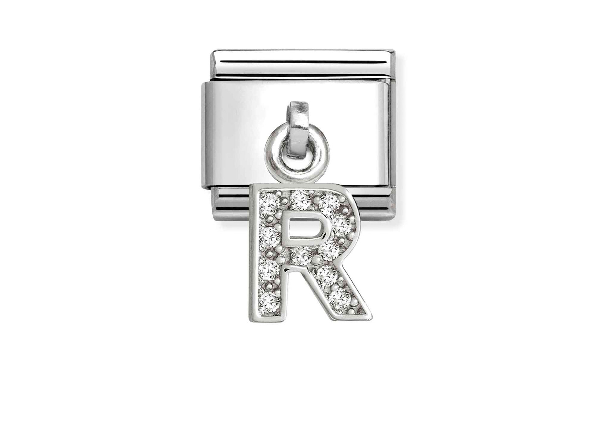 Classic Sterling Silber Charm mit dem Buchstaben R, besetzt mit funkelndem Zirkonia, von der Marke Pandora, ideal für persönliche Armbänder und neueste Kollektion.