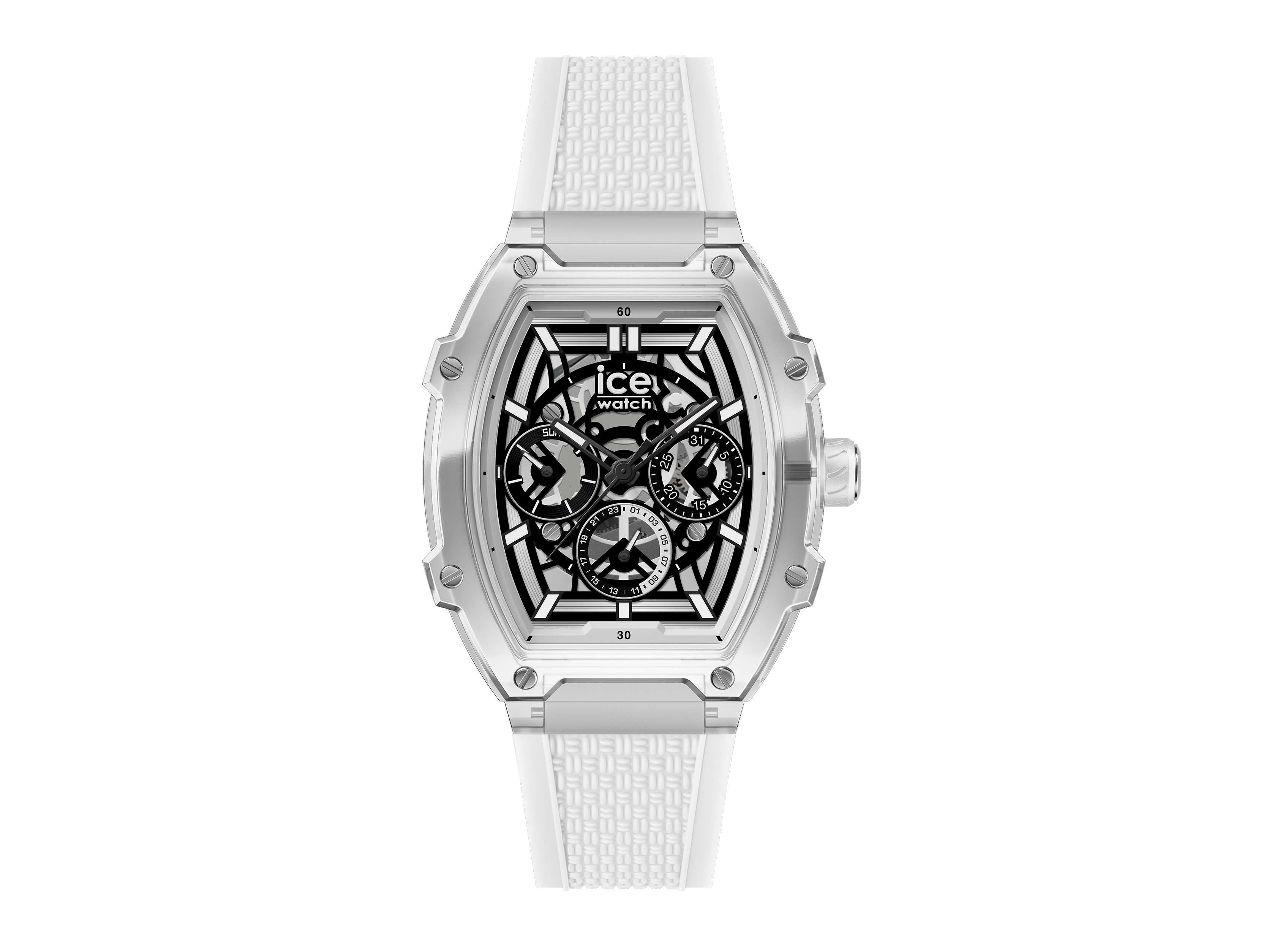 Die Ice Watch 024289 ICE boliday clear in Weiß zeigt ein modernes Design mit einem schwarzen Zifferblatt und transparentem Gehäuse, kombiniert mit einem weißen, strukturierten Silikonarmband.