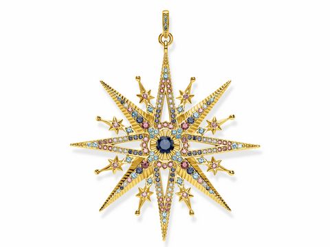 Der Thomas Sabo Anhänger PE820-959-7 aus der Glam & Soul Kollektion zeigt eine prachtvolle, goldene Sternform mit bunten Zirkonsteinen und einem zentralen blauen Stein.