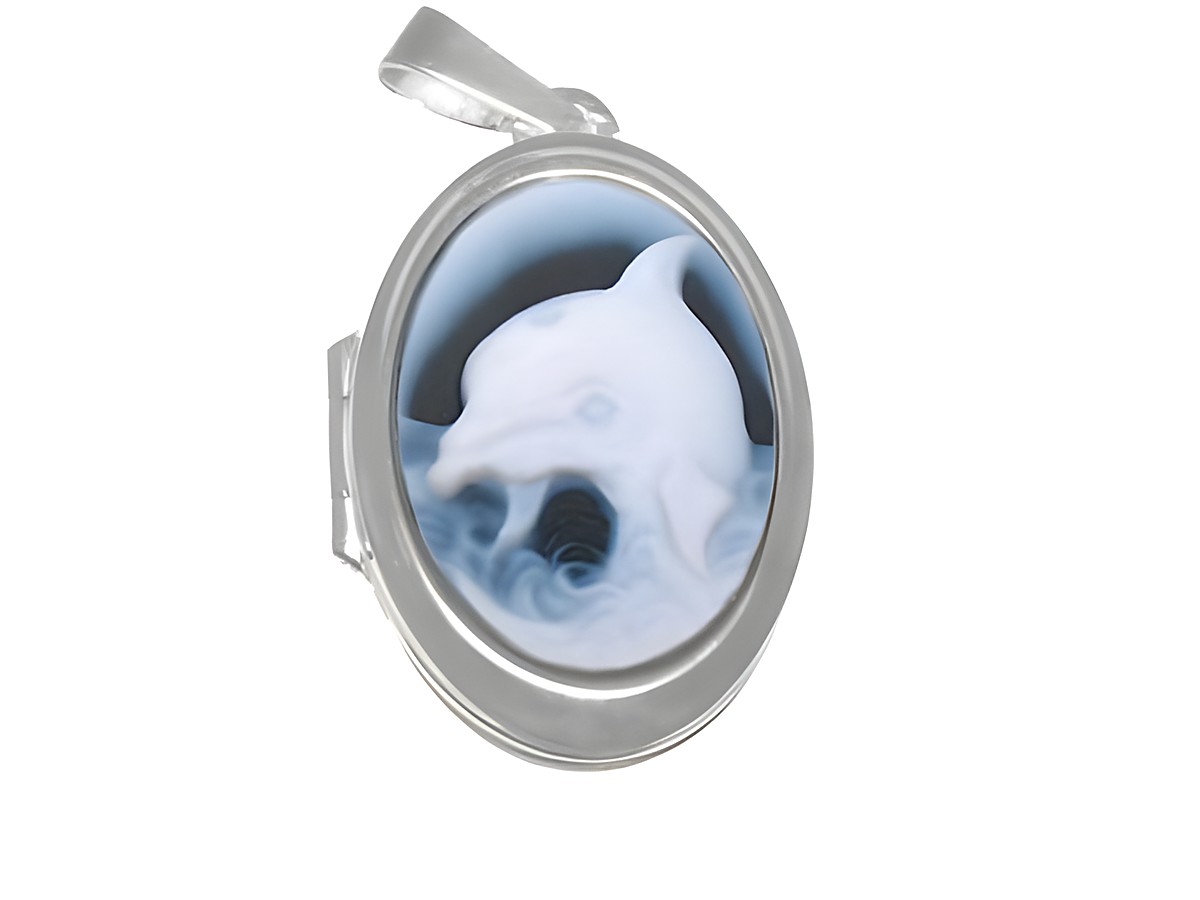 Delfin Achat Gemme Medaillon in Weißgold 585 mit filigraner Darstellung eines Delfins in weiß und blauen Wellenmotiven, hergestellt von Juwelier Harnisch.
