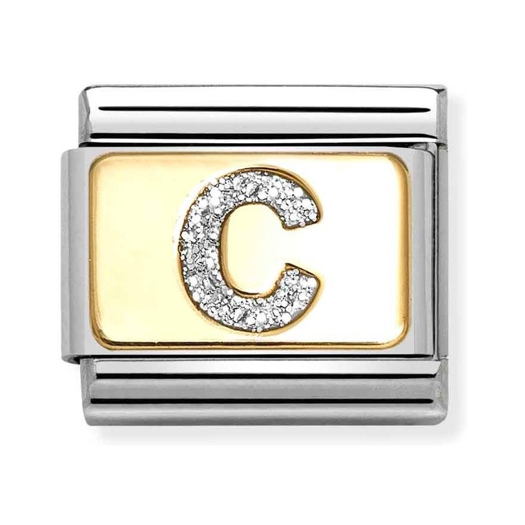 Nomination Composable Classic Charm Buchstabe C Silberglitzer - Edelstahl, Gold 750, Emaille