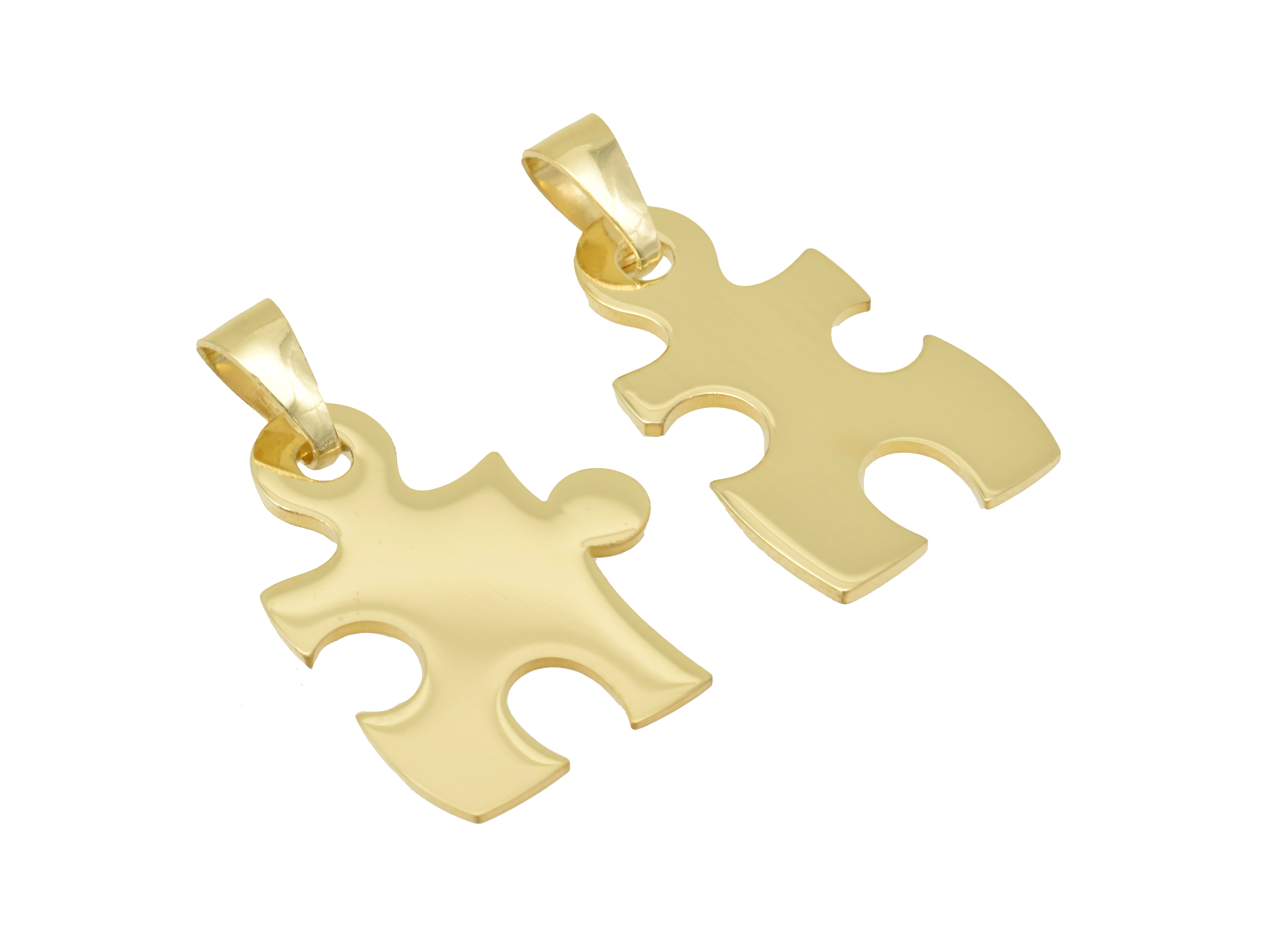 Silber Anhänger in Form von Puzzleteilen, Partneranhänger, gelbgold vergoldet und poliert, Hersteller Juwelier Harnisch, ideal für romantische Paare.