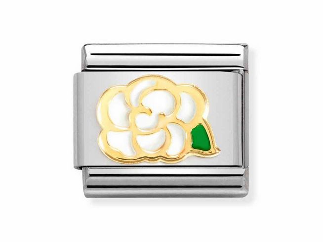 Edelstahlarmband mit einem Motiv einer Kamille in 750 Gelbgold und Emaille, das eine Kombination aus Weiß und Grün zeigt, für stilvolle Schmuckliebhaber von Nomination.