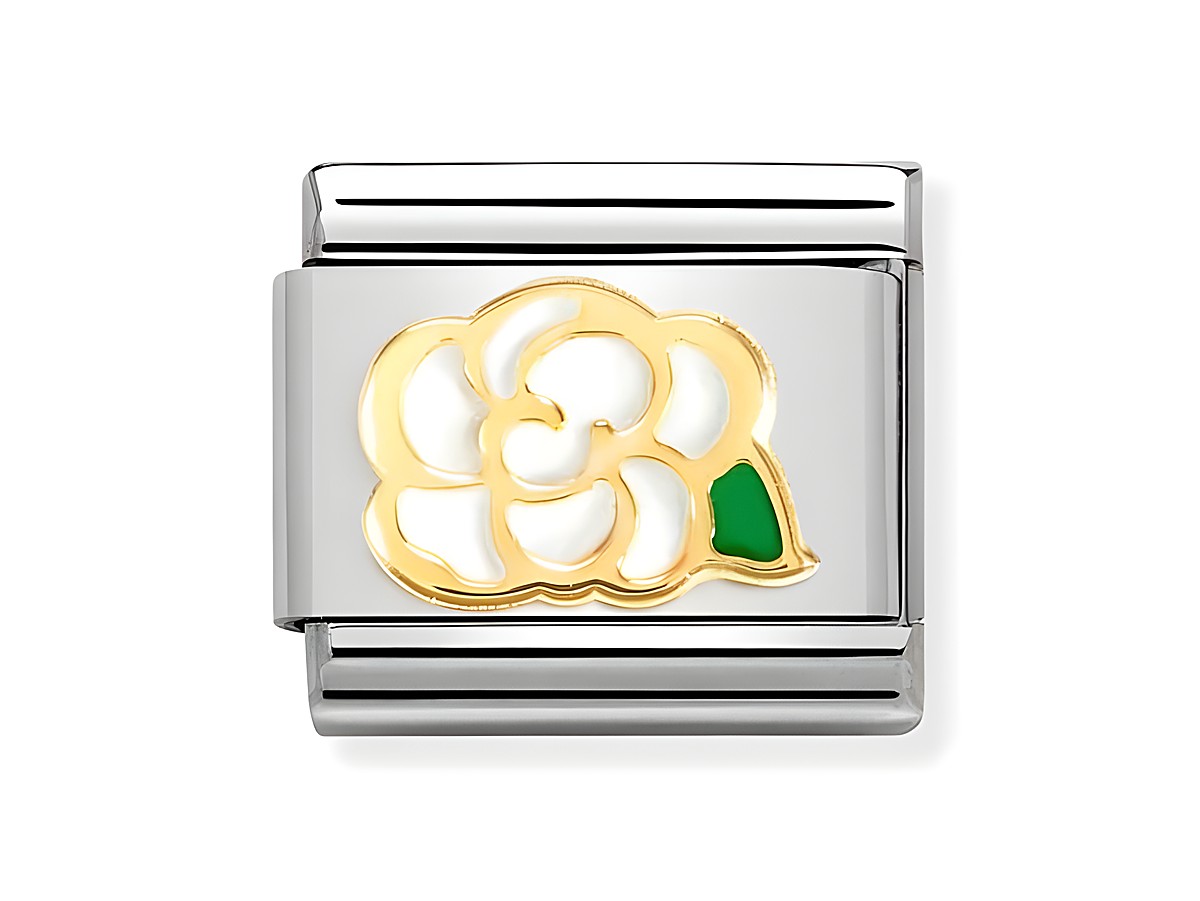 Edelstahlarmband mit einem Motiv einer Kamille in 750 Gelbgold und Emaille, das eine Kombination aus Weiß und Grün zeigt, für stilvolle Schmuckliebhaber von Nomination.