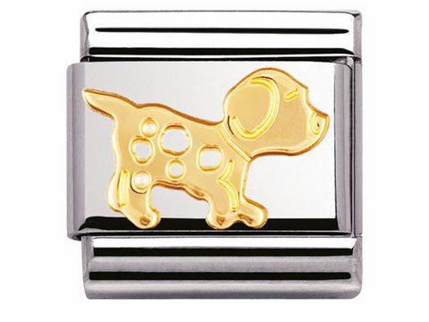 Der Charms-Anhänger zeigt einen stilisierten Hund aus Gold auf einer silbernen Unterlage. Das Design ist modern und verspielt, ideal für Tierliebhaber und als modisches Accessoire.