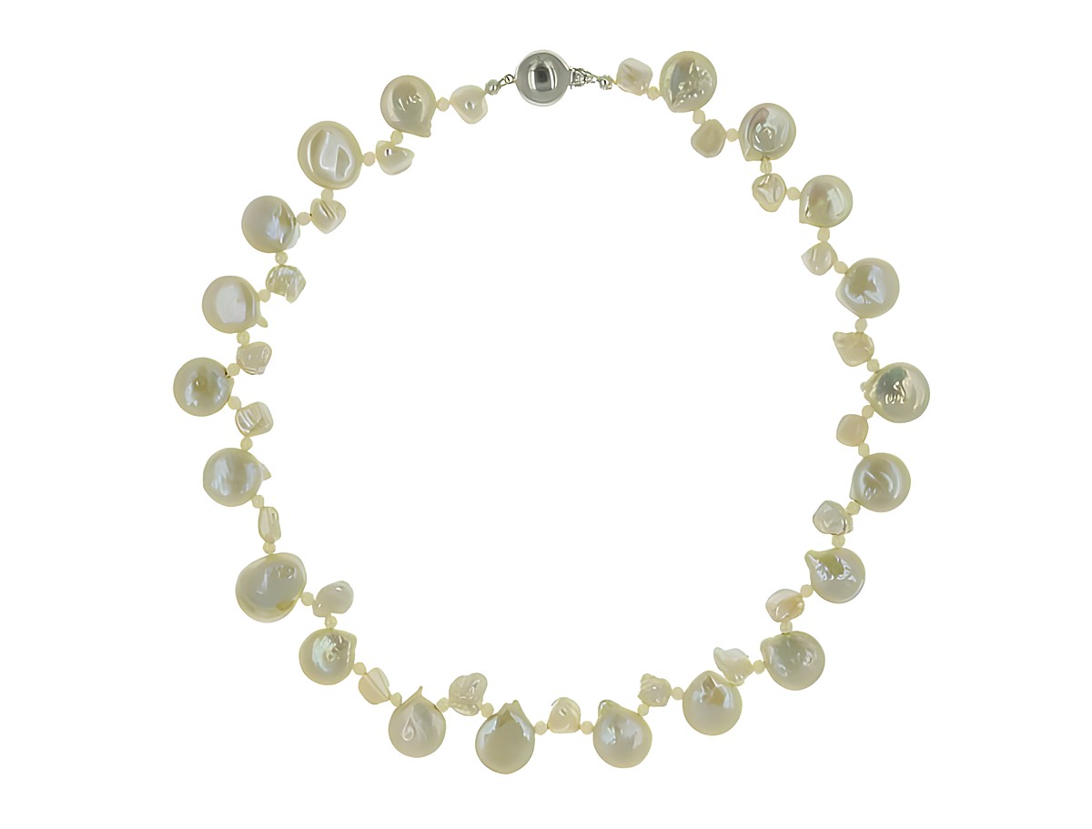 Perlenkette aus Süßwasser-Zuchtperlen in Weiß und Creme, 3-15,5 mm, Länge 42 cm, mit Silberverschluss, besonders Design vom Hersteller Juwelier Harnisch. – Ansicht 3