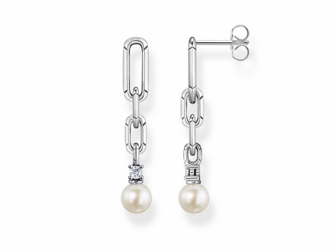 Thomas Sabo Ohrringe H2205-167-14 aus Sterling Silber mit geschwungenen Elementen, einer Süßwasserzuchtperle und weißem Zirkonia, elegante Ohrhänger für stilvolle Akzente.
