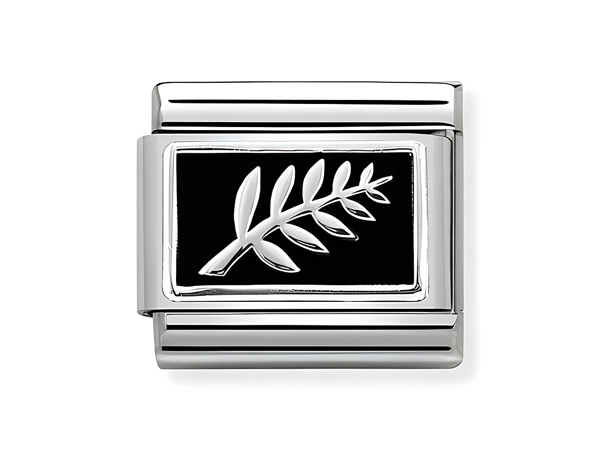 Zweig aus Edelstahl mit schwarzem Emaille-Hintergrund und silberner Blattdarstellung, Teil des Nomination COMPOSABLE Classic Plättchen Gartens.