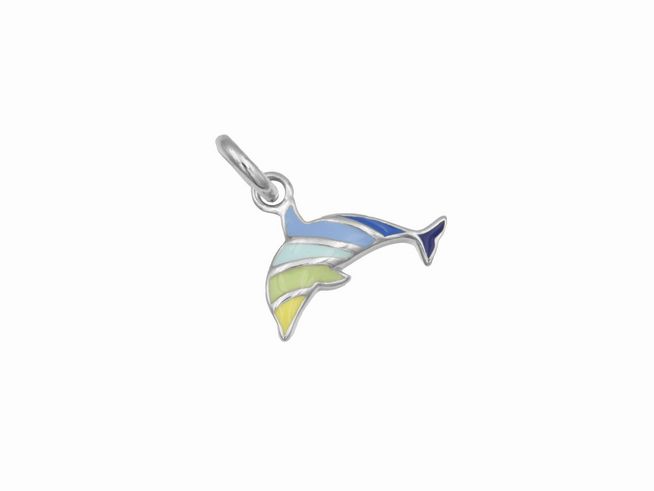 Anhänger in Form eines bunten Delfins aus Sterling Silber rhodiniert, mit freundlichen Farbtönen von Blau und Gelb, ideal für Kinder, Hersteller Juwelier Harnisch.