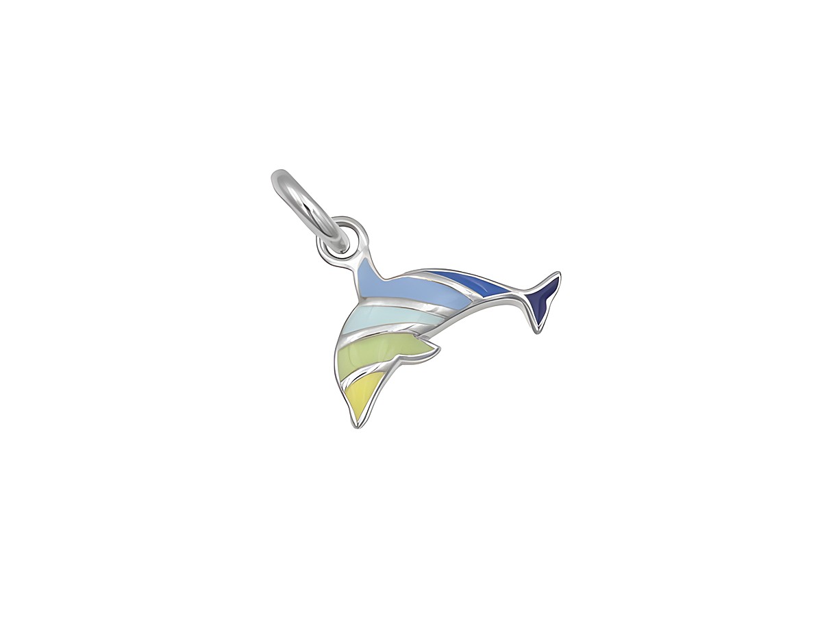 Anhänger in Form eines bunten Delfins aus Sterling Silber rhodiniert, mit freundlichen Farbtönen von Blau und Gelb, ideal für Kinder, Hersteller Juwelier Harnisch.