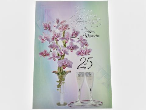 Hochzeitskarte mit Sektgläsern und einer stilvollen Blume, dekoriert, ideal für festliche Anlässe, Hersteller: Juwelier Harnisch, Hochzeitskarten.