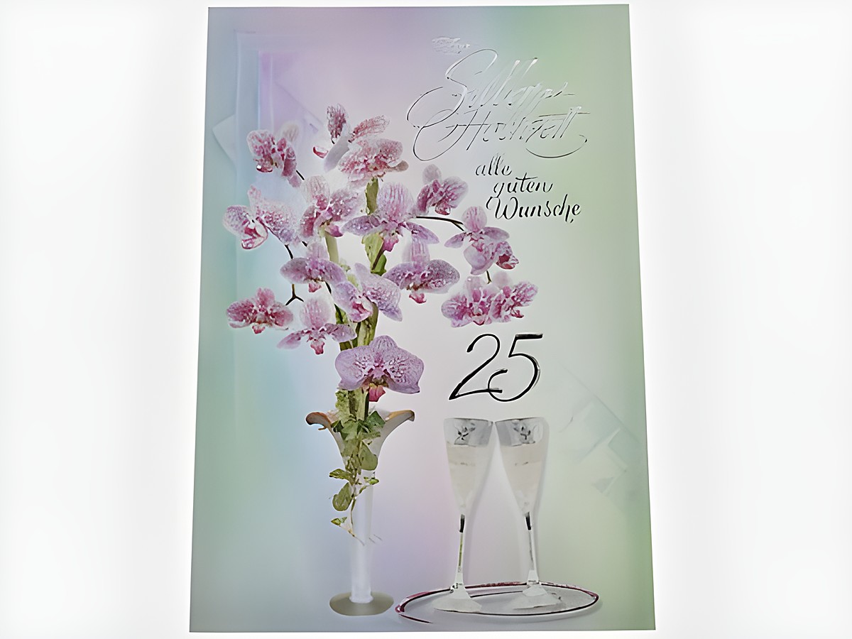 Hochzeitskarte mit Sektgläsern und einer stilvollen Blume, dekoriert, ideal für festliche Anlässe, Hersteller: Juwelier Harnisch, Hochzeitskarten.