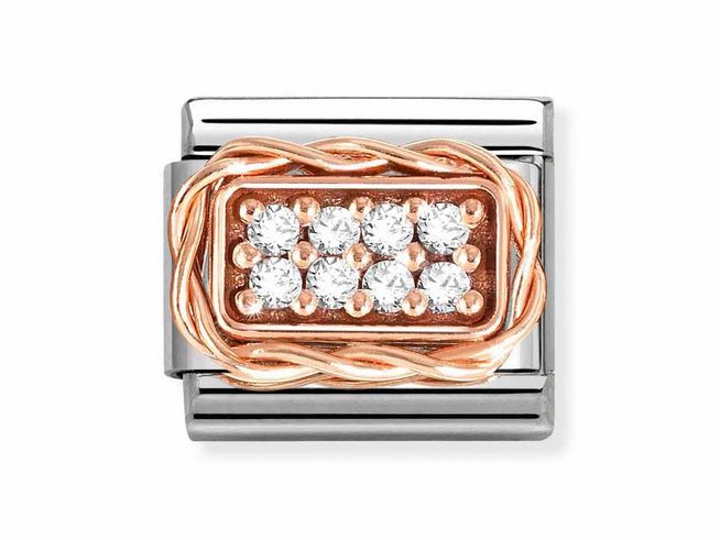 Eleganter Nomination Classic Charm in Roségold und Edelstahl, verziert mit weißen Zirkonia im Pavè-Design, ideal als stilvolles Schmuckstück.