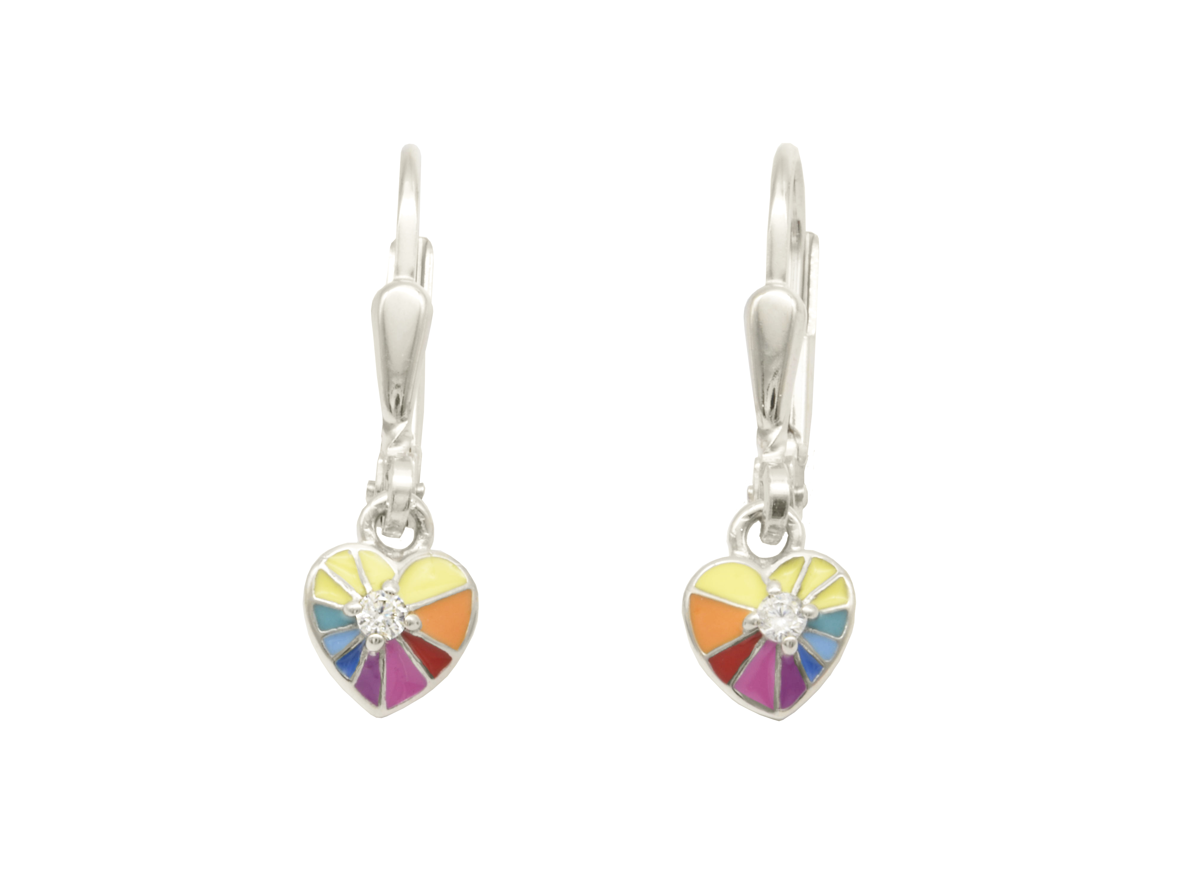 Ohrhänger in Herzform aus rhodiniertem Sterling Silber 925 mit buntem Lack und Zirkonia, kindgerechter Schmuck von Juwelier Harnisch, perfekt für Kinder.