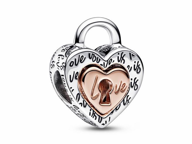 782505000-0 Silbernes Herzvorhängeschloss mit Roségolddetail, geprägt mit dem Wort "love", eignet sich perfekt als Valentinstagsgeschenk von Pandora. Modell 782505C00.