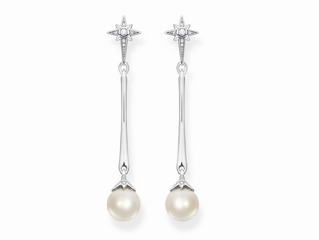 Ohrringe von Thomas Sabo H2119-167-14 mit langem Design, bestehen aus einem Stern mit Perle, elegant und feminin, in silberner Optik, ideal für besondere Anlässe.
