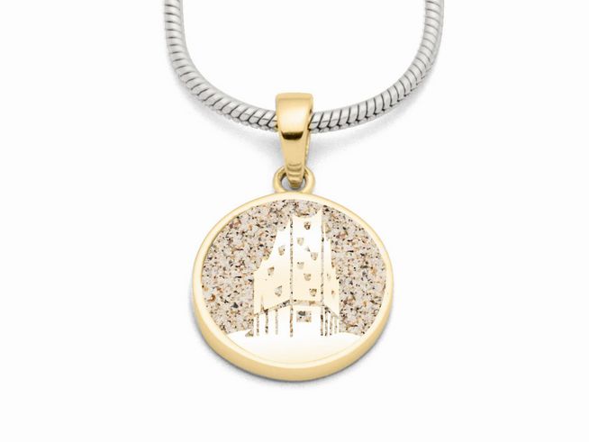 DUR Anhänger Hamburg Elphi aus Sterling Silber mit Gelbgold-Vergoldung, rund mit Sandmotiv und feiner Detailarbeit, elegant und stilvoll, ideal für jeden Anlass.