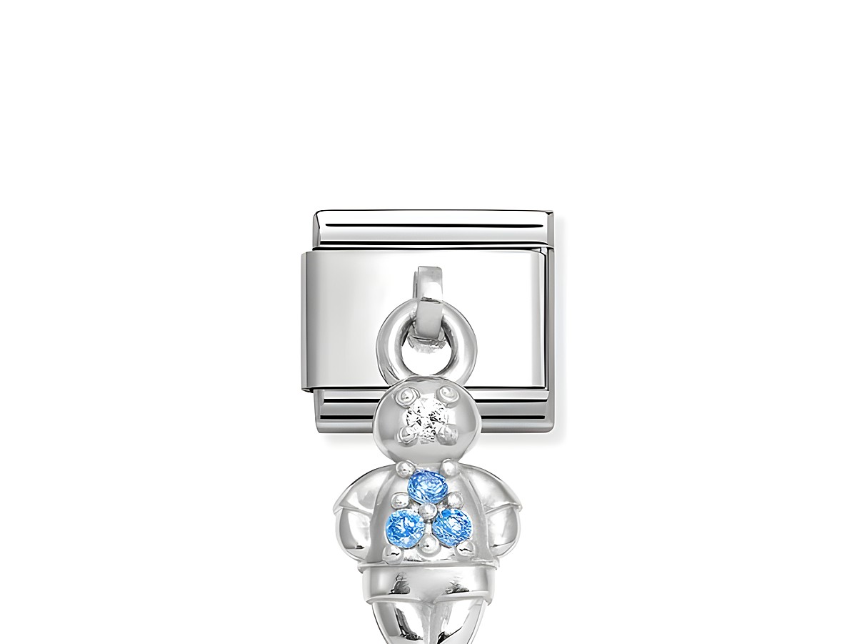 Charm von Nomination in Form eines Jungen mit Zirkonia in Blau, gefertigt aus Sterling Silber und Edelstahl. Ideal für individuelle Armbänder und Schmuckstücke.