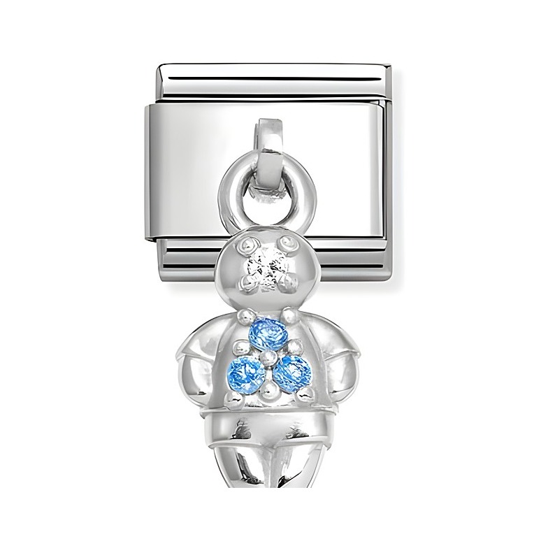 Charm von Nomination in Form eines Jungen mit Zirkonia in Blau, gefertigt aus Sterling Silber und Edelstahl. Ideal für individuelle Armbänder und Schmuckstücke.