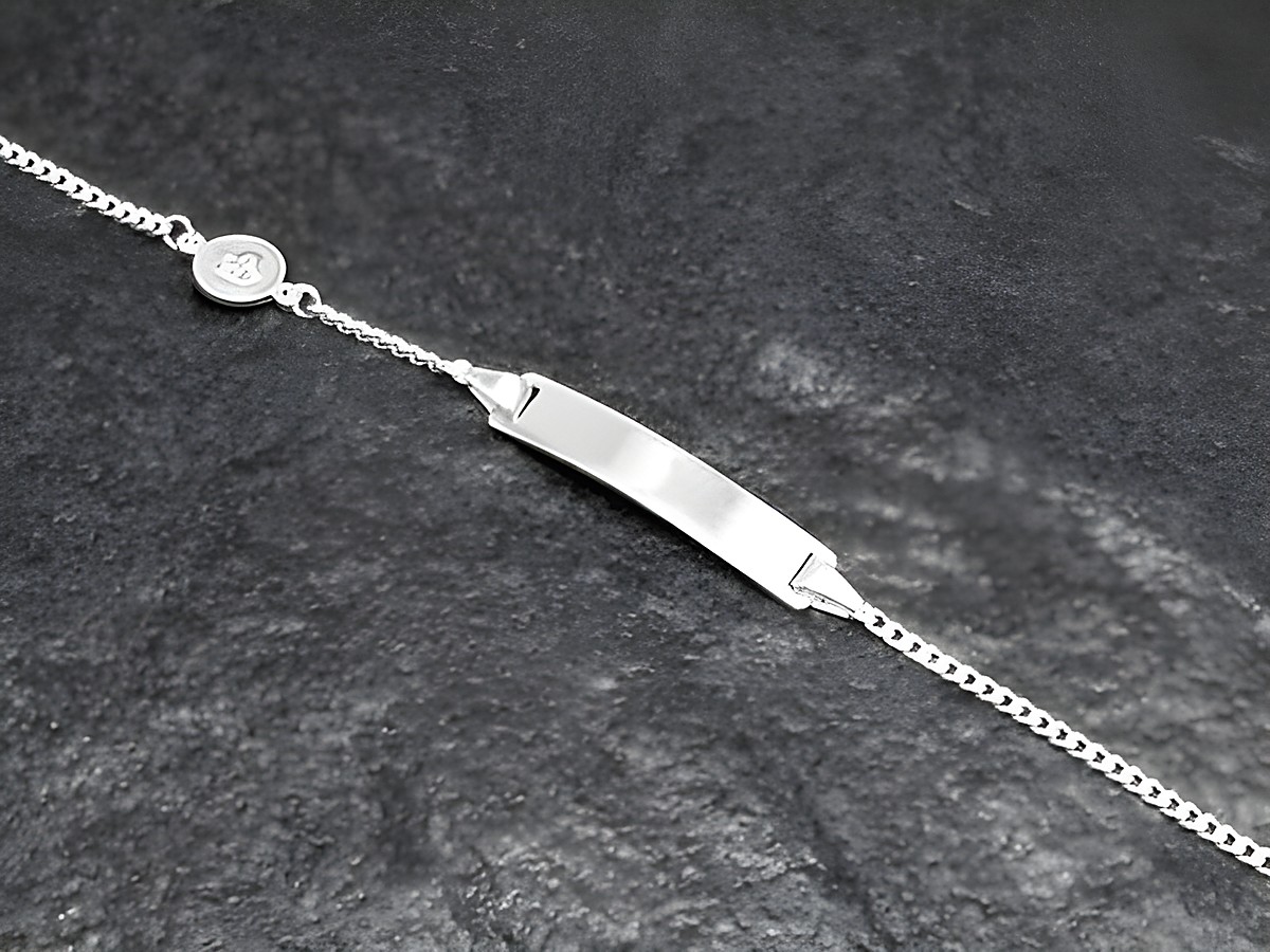 Identitäts Armband mit Gravur und Schutzengel aus Sterling Silber, 12 cm bis 14 cm, für Kinder, von Juwelier Harnisch, elegantes Design, zeitlos und personalisierbar.
