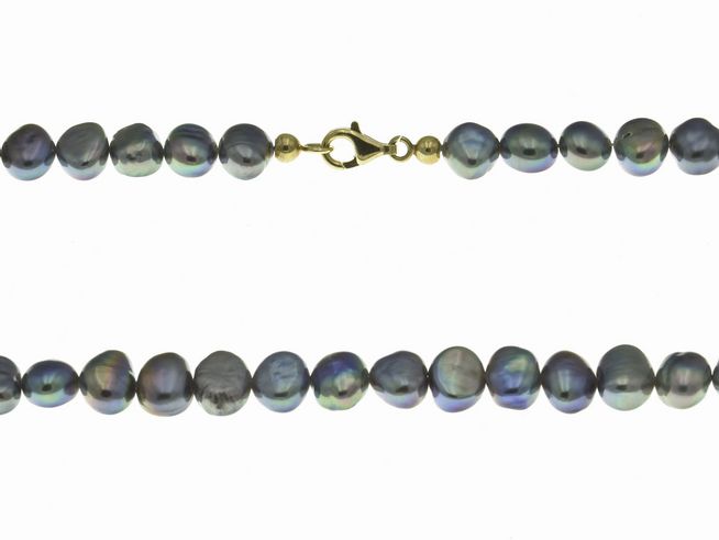 Perlenkette 43 cm in Blau/Grau aus Süßwasser Zuchtperlen, mit einem goldenen Karabinerverschluss, elegant und vielseitig, ideal für jeden Anlass, Hersteller: Juwelier Harnisch.