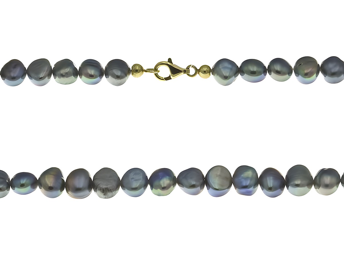Perlenkette 43 cm in Blau/Grau aus Süßwasser Zuchtperlen, mit einem goldenen Karabinerverschluss, elegant und vielseitig, ideal für jeden Anlass, Hersteller: Juwelier Harnisch.