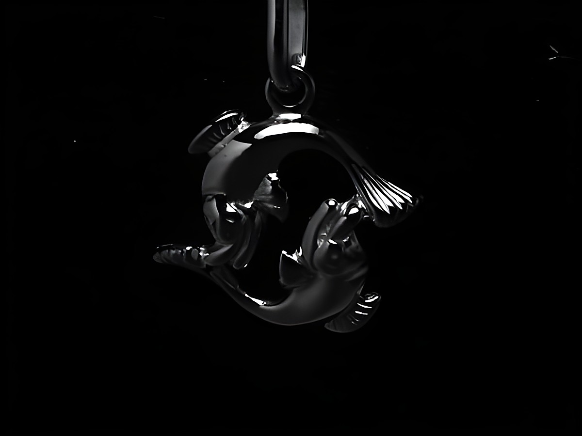 Polierter Anhänger in Form von zwei Fischen, symbolisierend das Sternzeichen Fische, aus 925 Sterling Silber, hergestellt von Juwelier Harnisch.