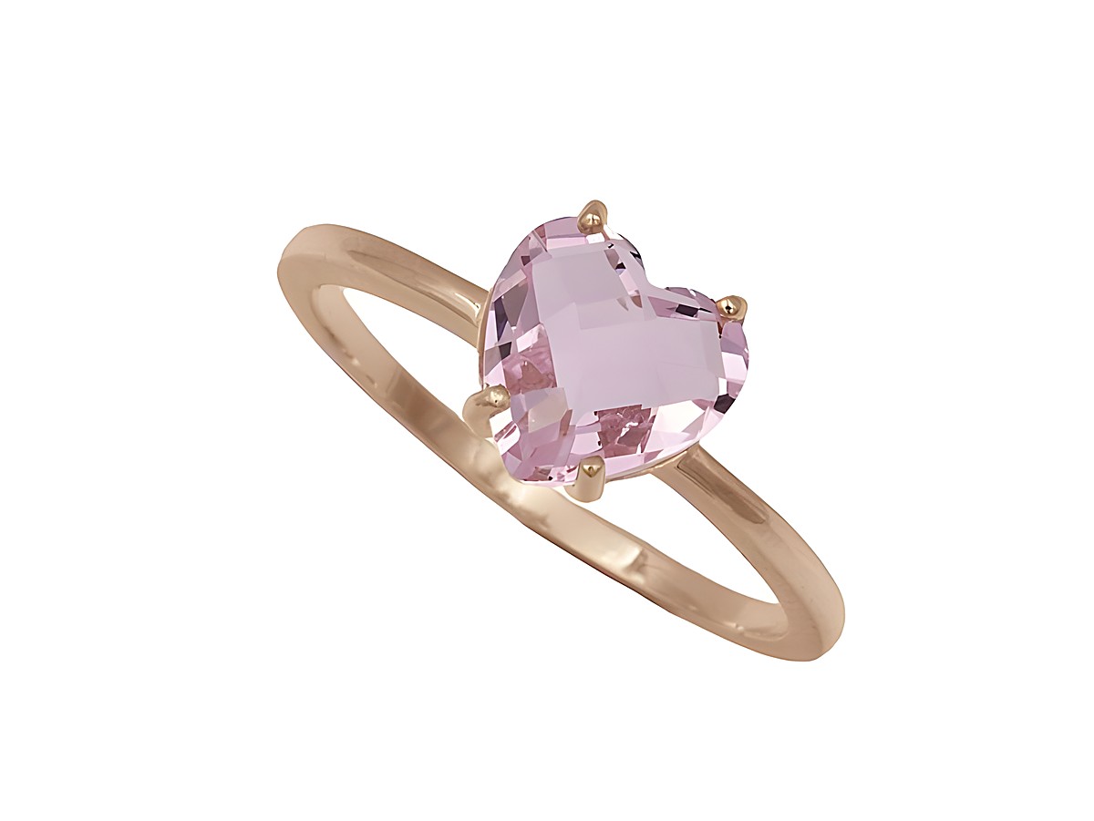 Ring aus roségold vergoldetem Sterling Silber mit einem herzförmigen rosa Glasstein in Größe 48, hergestellt von Juwelier Harnisch.