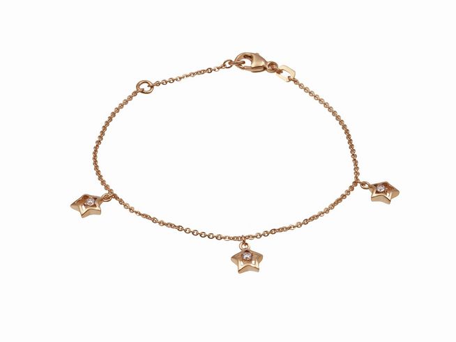 Armband Sternenreihe in Roségold vergoldet mit drei Sternen und Zirkonia, 14,5 cm und 17 cm, Hersteller Juwelier Harnisch, elegantes Design ohne Stein.