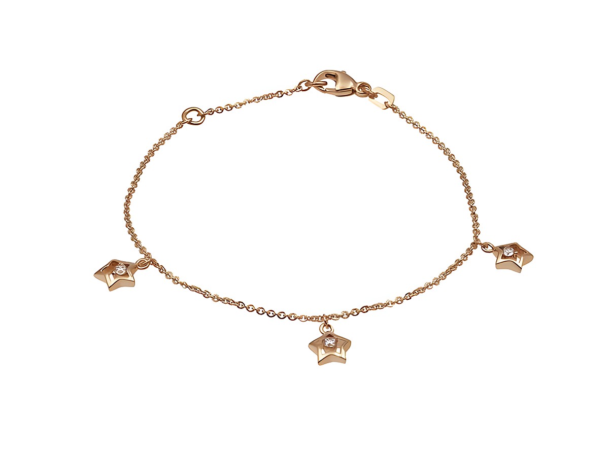 Armband Sternenreihe in Roségold vergoldet mit drei Sternen und Zirkonia, 14,5 cm und 17 cm, Hersteller Juwelier Harnisch, elegantes Design ohne Stein.