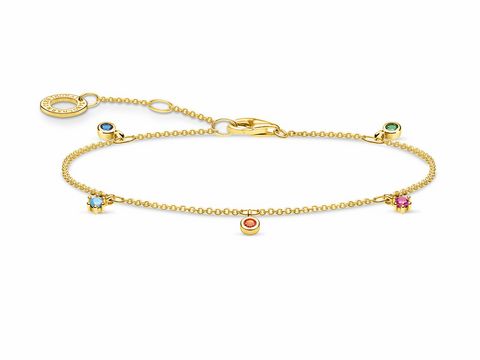 Armband von Thomas Sabo aus der Charming Collection in Silber und Gelbgold mit bunten Zirkonia-Steinen, verstellbar von 16 bis 19 cm, elegantes und farbenfrohes Design.