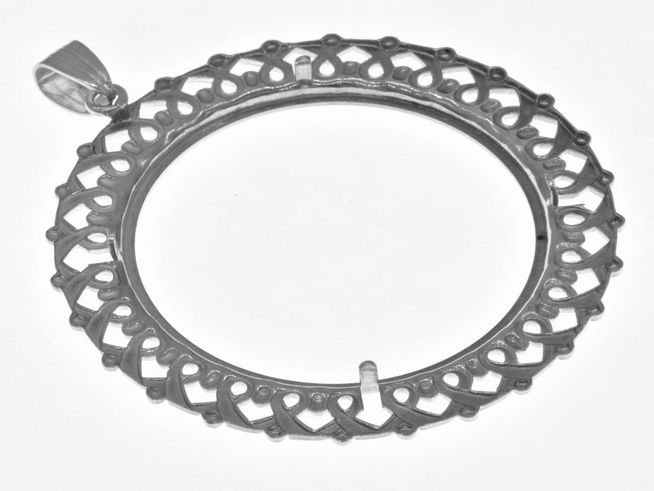 Nostalgischer Münzfassung Anhänger aus 925 Sterling Silber, Durchmesser bis 40,6 mm, filigrane Verarbeitung mit dekorativem Muster, ideal für individuelle Münzen, Hersteller Juwelier Harnisch.