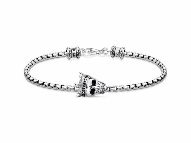 Sterling Silber Armband von Thomas Sabo mit geschwungenem Totenkopf und Zirkonia, 19 cm lang, dekorativ gestaltet für einen stylischen, edgy Look.