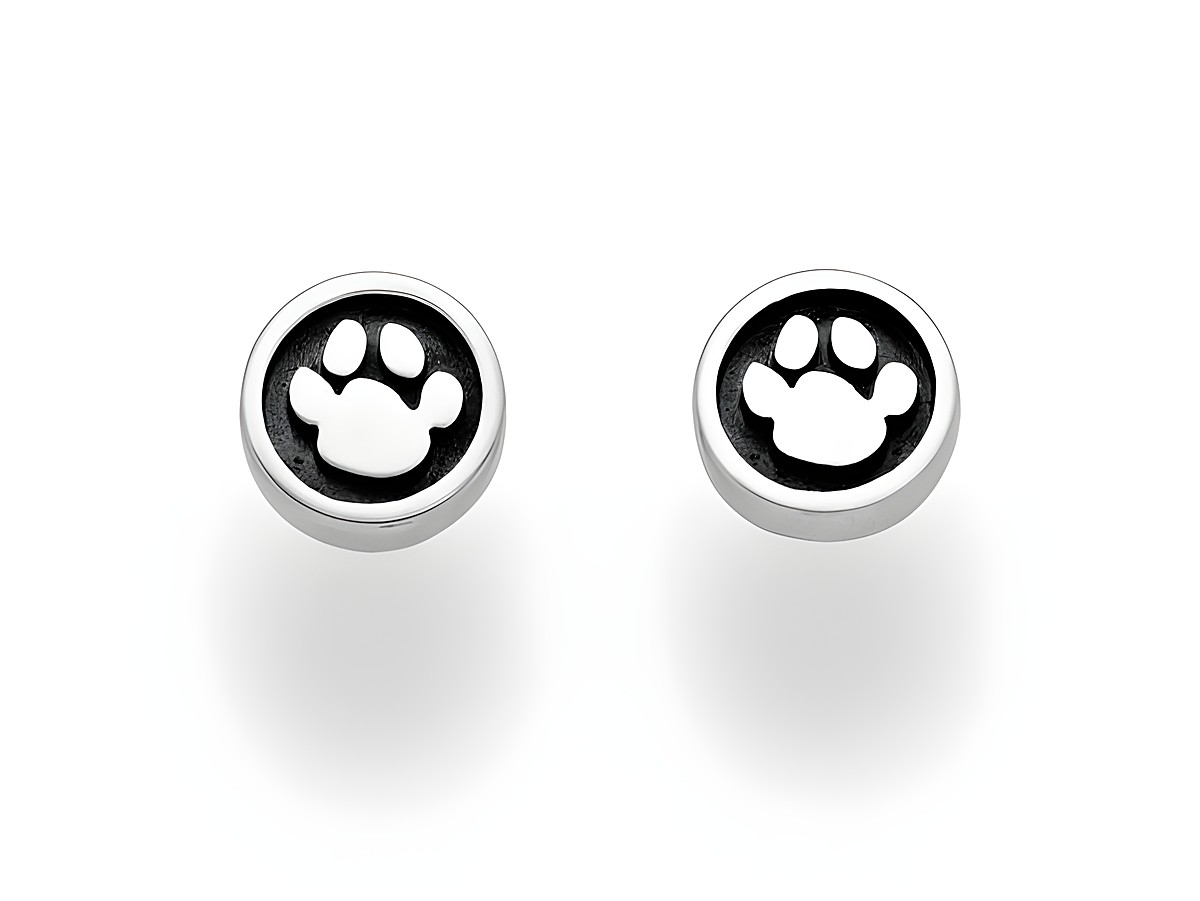 DUR Schmuck O5173 - Sterling Silber Ohrringe Ohrstecker mit einem Pfotenmotiv in Schwarz und Silber, geeignet für Tierliebhaber und als modisches Accessoire.