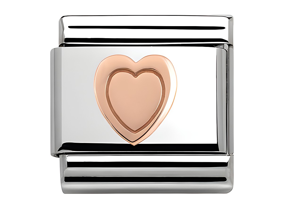 Roségoldenes Herz-Symbol auf einem klassischen Charm von Nomination 430104 03, umgeben von einem silbernen Hintergrund, ideal für Armbandgestaltungen.