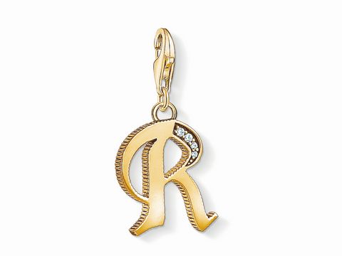 Charm-Anhänger Buchstabe R von Thomas Sabo in vergoldeter Ausführung mit funkelnden Schmucksteinen, ideal für persönliche Schmuckdesigns und als stilvolles Accessoire.