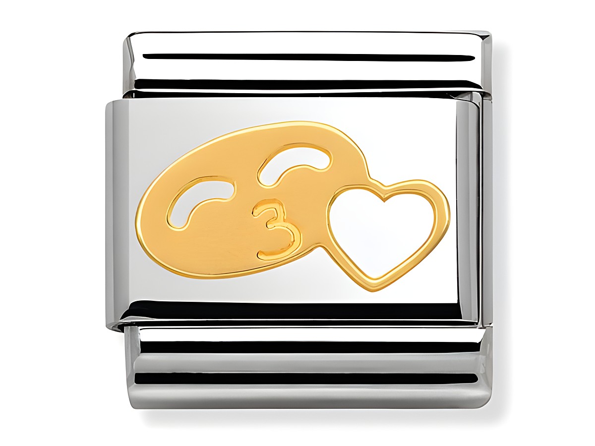 Edelstahl Charm von Nomination in bicolor mit einem lachenden Gesicht und einem Herz, Modellnummer 030161 06, ideal für Lachgesichter-Fans und Schmuckliebhaber.