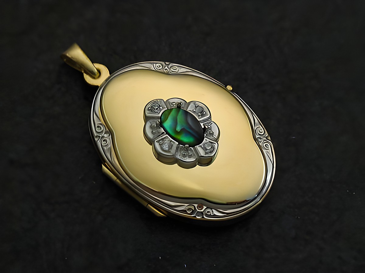 Ein bicolor Medaillon aus Gold 333 mit einem Paua Shell Cabochon in der Mitte, umrandet von filigranen Details, hergestellt von Juwelier Harnisch.