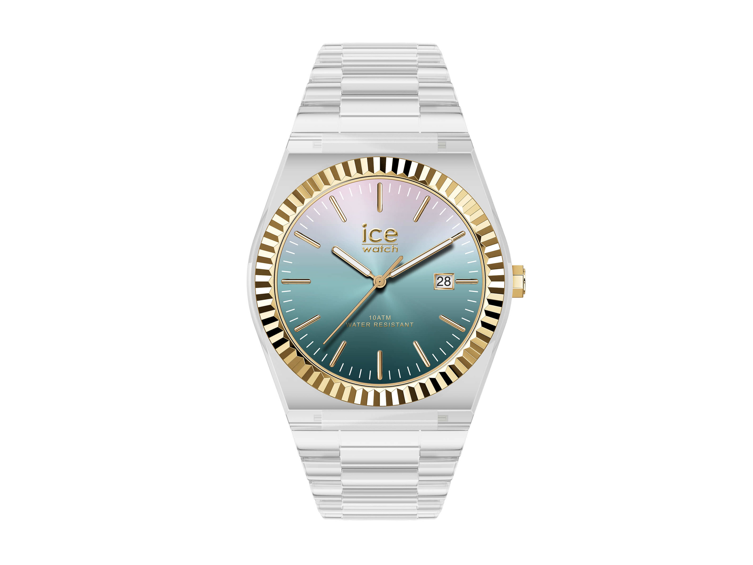 Ice Watch 024772 ICE Power - Klar - Clear sunset verdigris - Medium Die Ice Watch 024772 ICE Power in klar mit einem Farbverlauf von hellblau zu pink hat ein elegantes Ziffernblatt und goldene Akzente, ideal als modisches Accessoire.