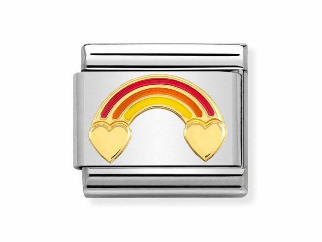 Nomination Classic Gelbgold 030272 52 zeigt einen bunten Regenbogen mit zwei Herzen in Gelbgold, emailliert in leuchtenden Farben, hergestellt von Nomination.