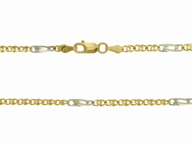 Figarokette aus Gelbgold und Weißgold in Bicolor- und Tricolor-Design, 2,8 x 1,1 mm, 46 cm lang, robustes Schließen-Design, Hersteller Juwelier Harnisch.