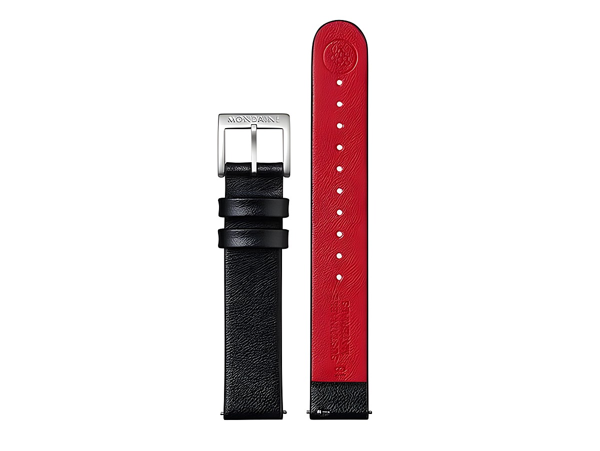 Lederarmband FGM.3116.21Q.1.K von Mondaine in Schwarz aus veganem Traubenleder mit roter Innenseite und einer silbernen Schließe. Ersatzarmband für Uhren, 16 mm breit.