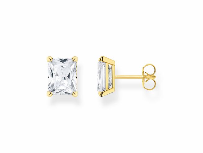 Ohrstecker aus Sterling Silber vergoldet in Gelbgold mit rechteckigem Zirkonia in Weiß, Größe 9 x 11 mm, von Thomas Sabo. Elegantes Design für jeden Anlass.