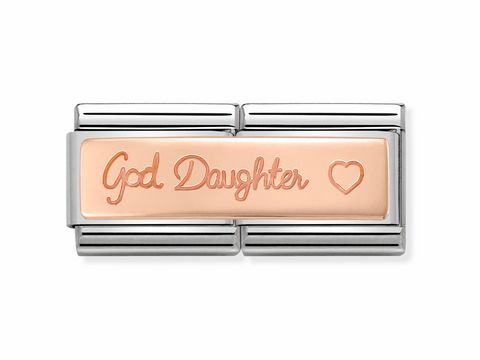 Zweireihiger Charm aus Edelstahl mit roséfarbener Oberfläche, graviert mit den Worten God Daughter und einem Herzsymbol, geeignet für das Nomination Armband.