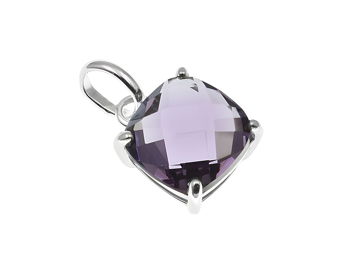 Ein Anhänger mit Kissenschliff in Violett, aus rhodiniertem Sterling Silber, gefertigt von Juwelier Harnisch, mit weiteren Steinen.