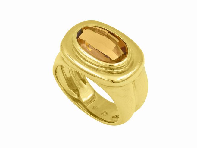 Gelbgold Ring in königlichem Design, aus 585er Gelbgold mit einem ovalen Citrin, Größe 56, hergestellt von Juwelier Harnisch, bis Größe 56/18.