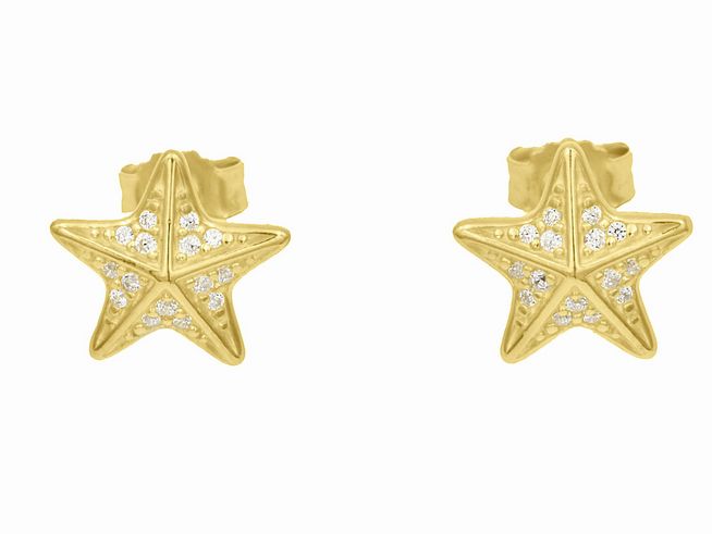 Ohrringe in Form von Seesternen aus vergoldetem Sterling Silber, poliert mit weißen Zirkonia, hergestellt von Juwelier Harnisch.