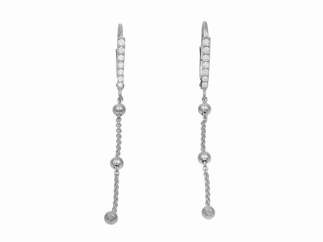 Ohrhänger aus poliertem rhodiniertem Sterling Silber mit Zirkonia in Weiß, design in Form von Kugelkettchen mit hängenden Steinen, Hersteller: Juwelier Harnisch.